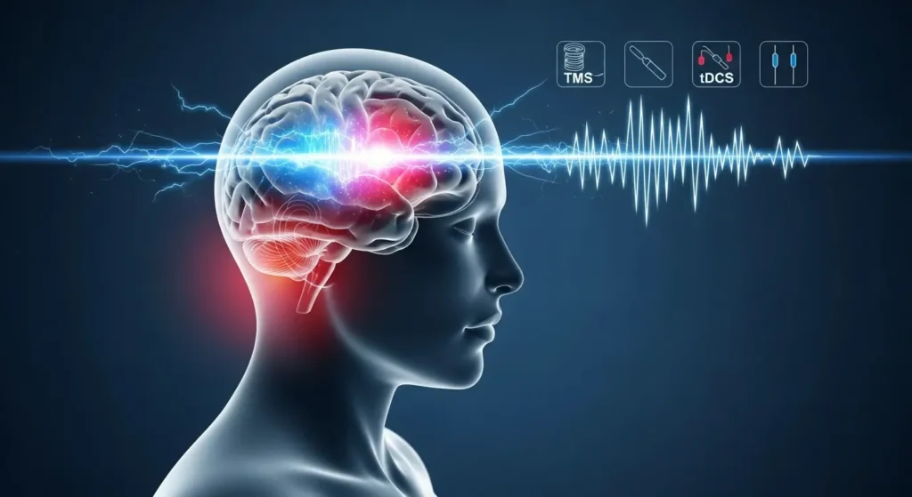 Neuromodulação para Dor Crônica: 6 Protocolos que Funcionam 5 Imagem de uma pessoa recebendo neuromodulação cerebral, com estímulos elétricos e magnéticos simulados sobre o cérebro, representando os protocolos para tratamento da dor crônica.
