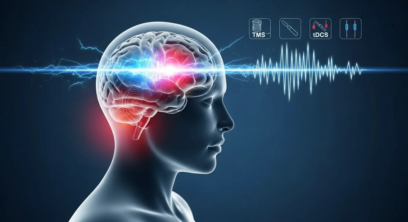 Imagem de uma pessoa recebendo neuromodulação cerebral, com estímulos elétricos e magnéticos simulados sobre o cérebro, representando os protocolos para tratamento da dor crônica.