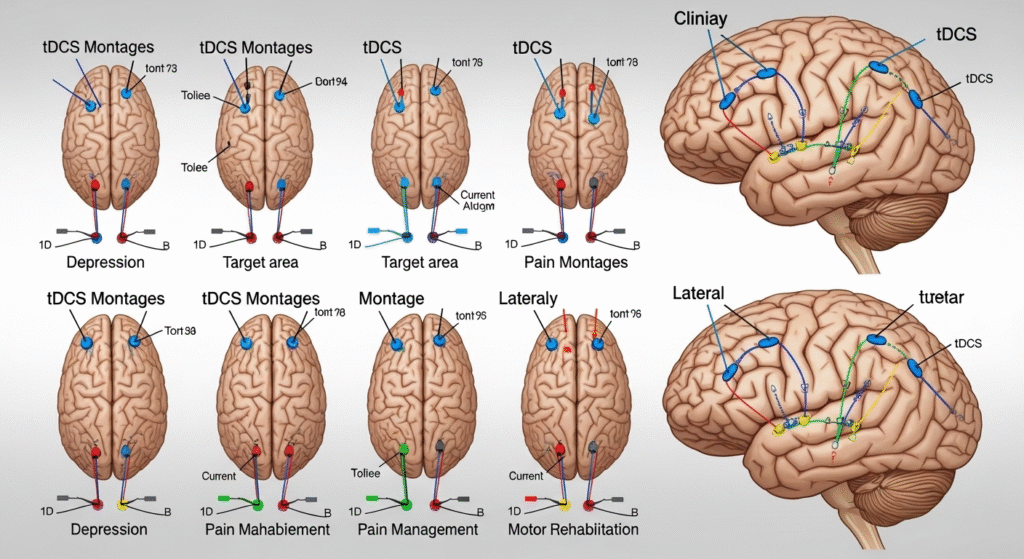 A tabela seguinte resume algumas das montagens mais utilizadas na tDCS na prática clínica:
