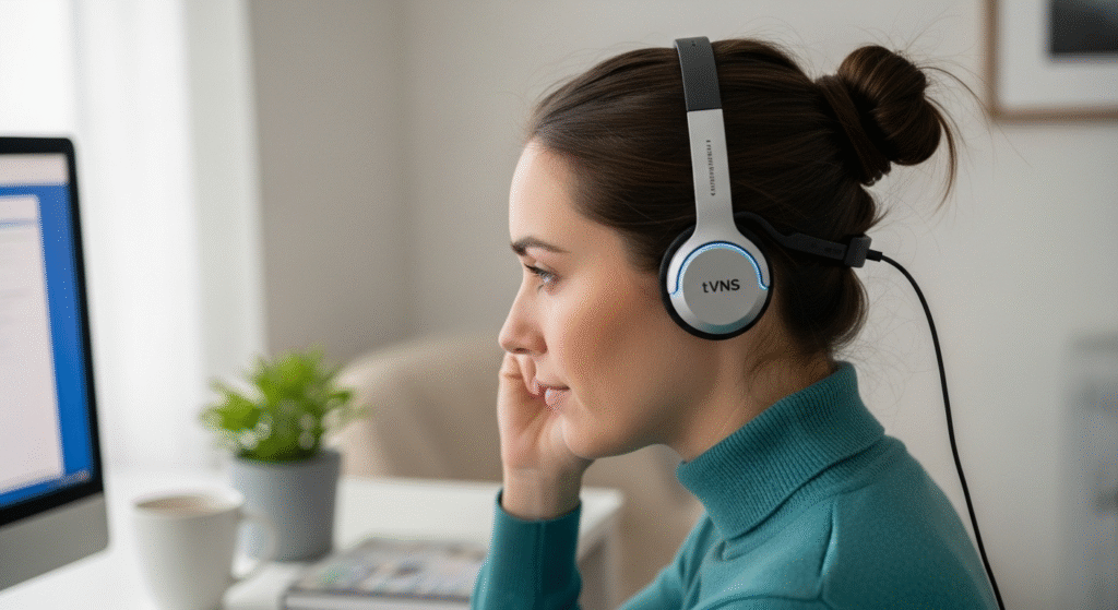 Paciente a realizar tratamento com tVNS auricular em casa.