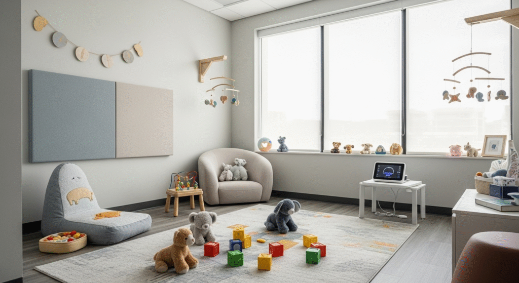 Imagem de um ambiente de tratamento pediátrico, calmo e acolhedor, com brinquedos e elementos sensoriais, onde um aparelho de neuromodulação está presente de forma discreta